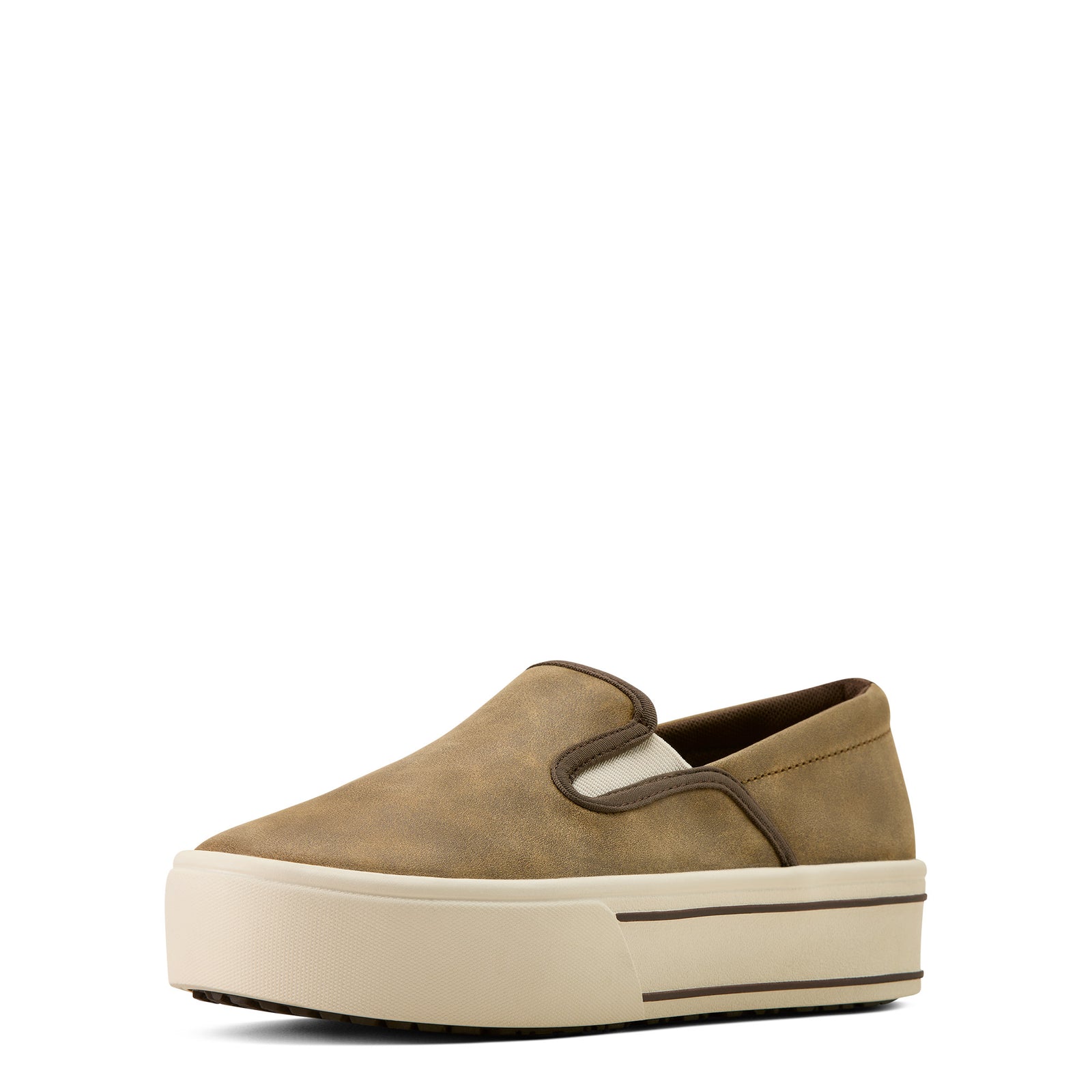 Brown slip-on sneaker with a white sole on a white background