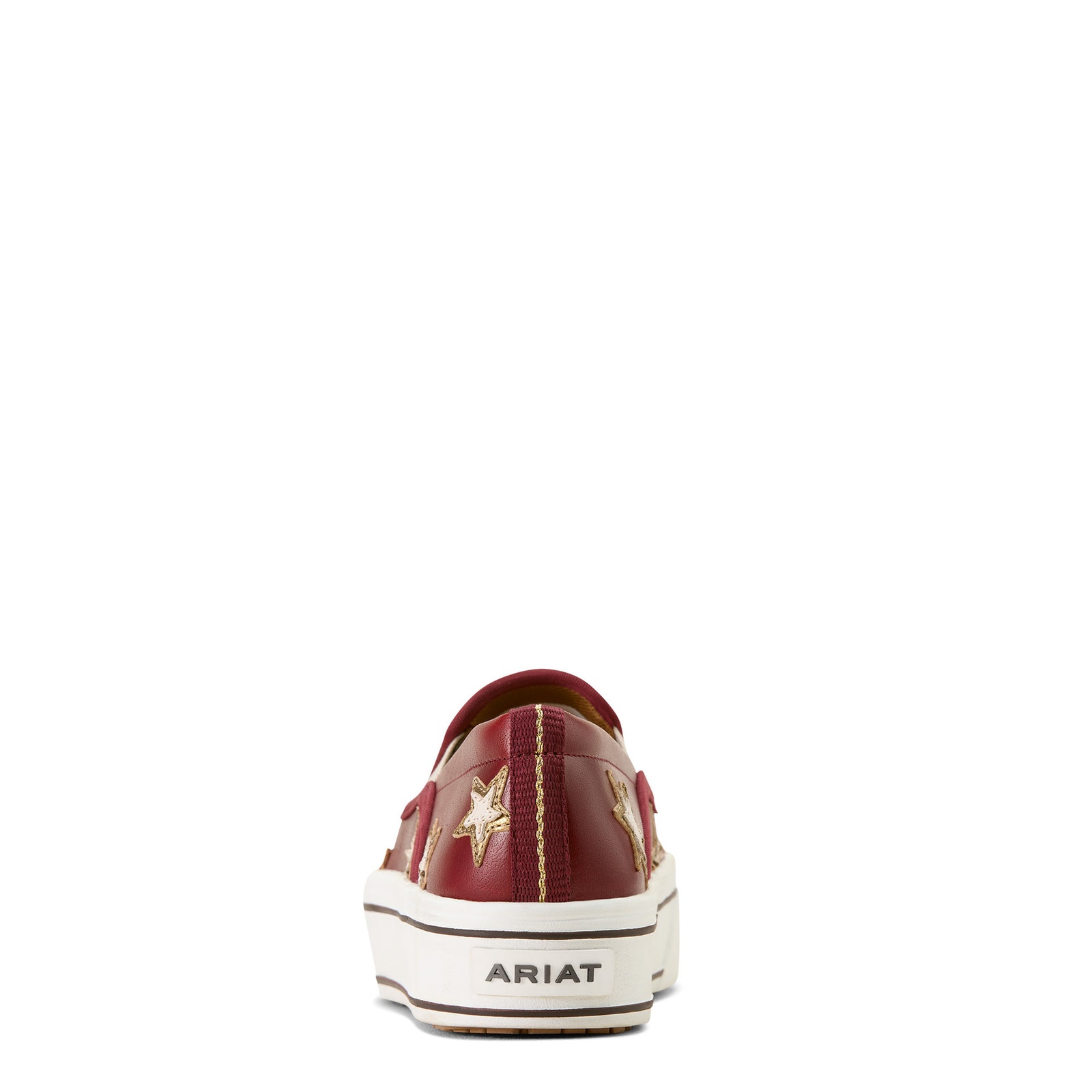 Maroon slip-on sneaker with gold star patterns on a white background