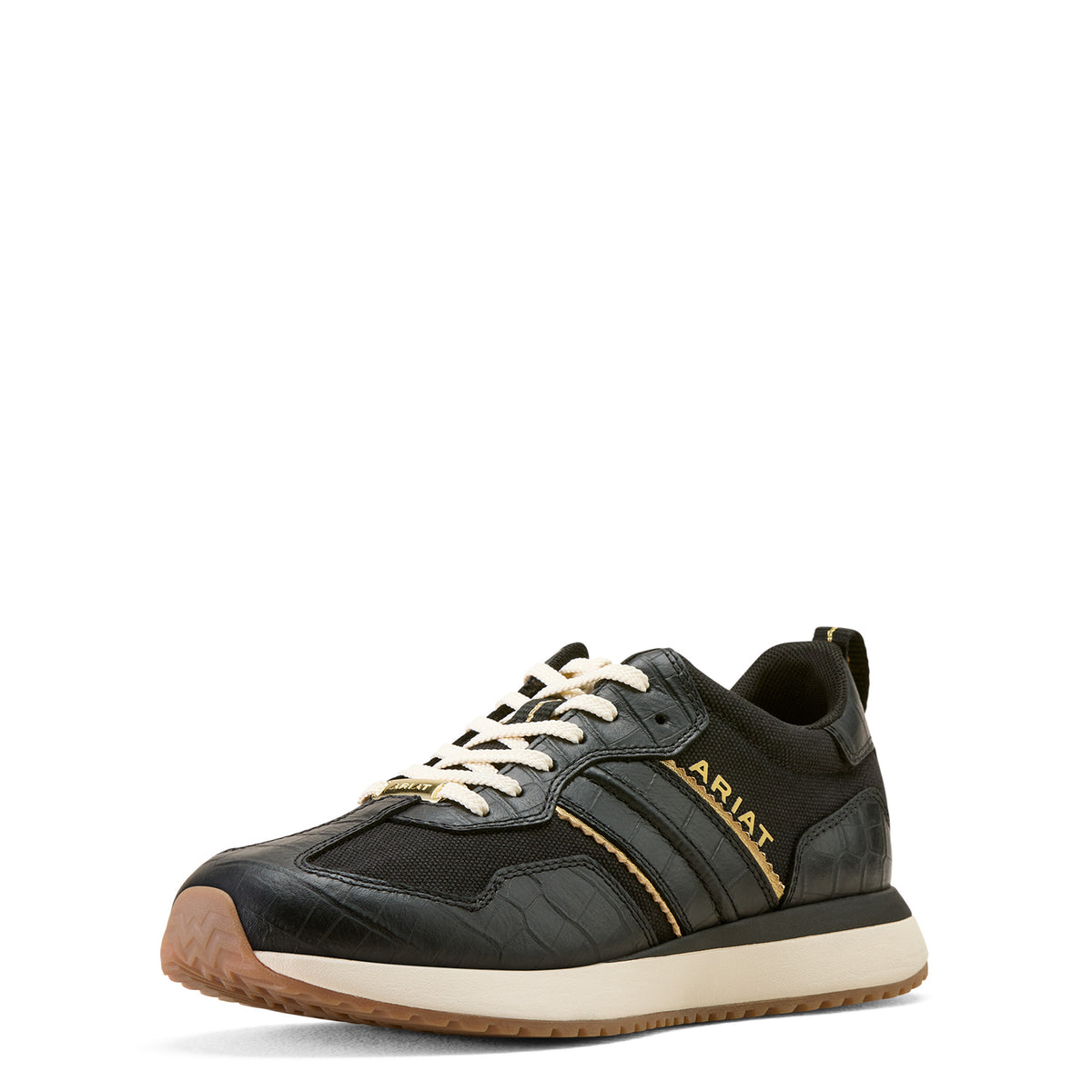 Black sneaker with white laces on a white background