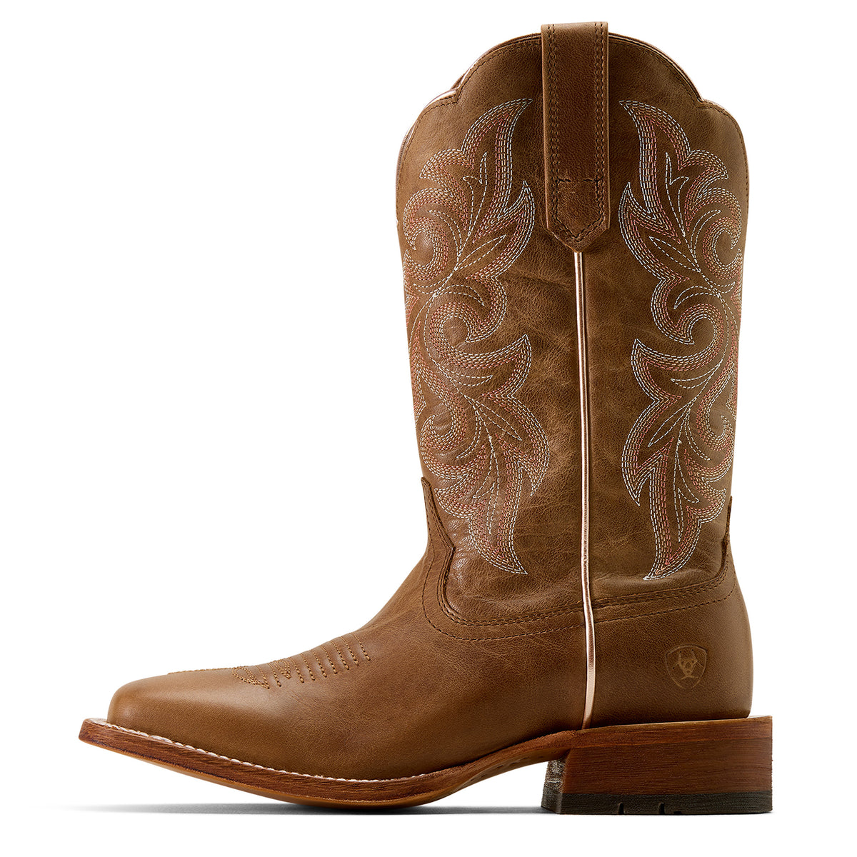 Brown cowboy boot with intricate embroidery on a white background