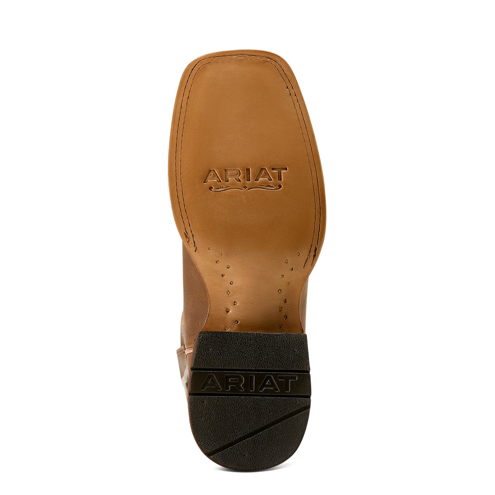 Ariat logo on the sole of a brown leather boot