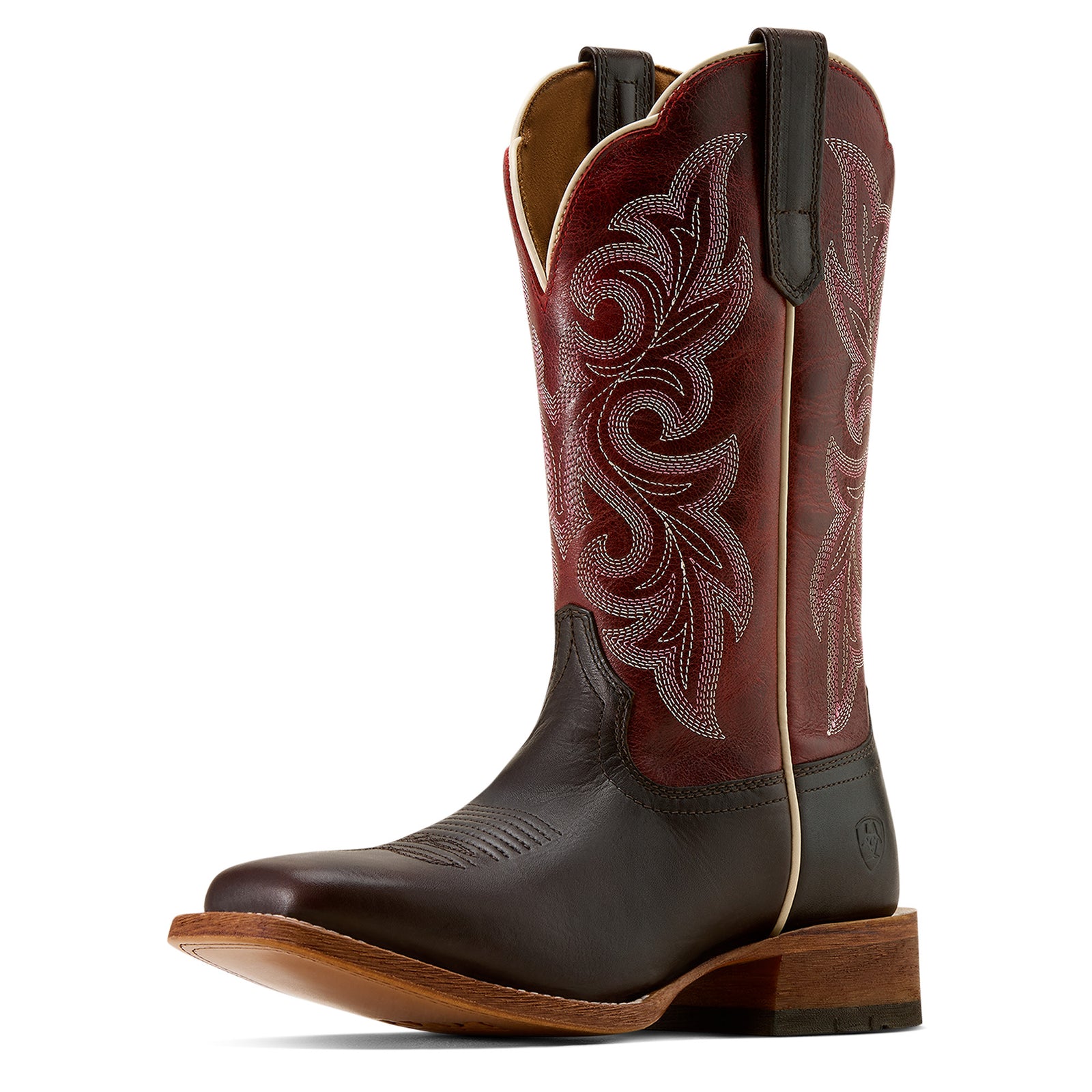 Brown and red cowboy boot with intricate design on a white background