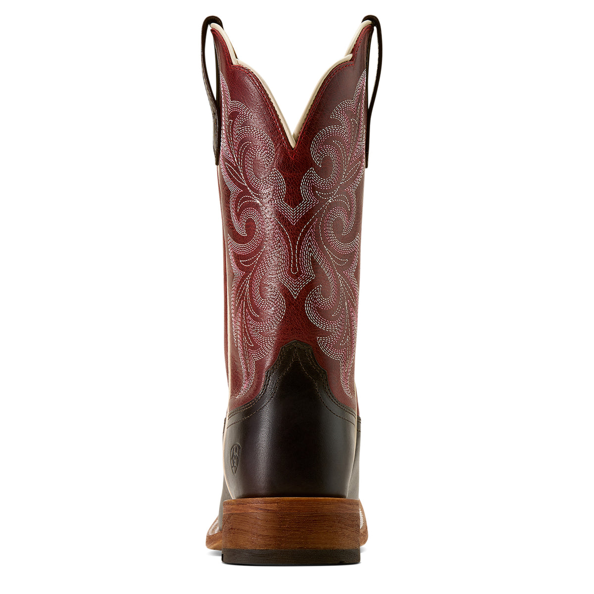Brown cowboy boot with intricate design on a white background