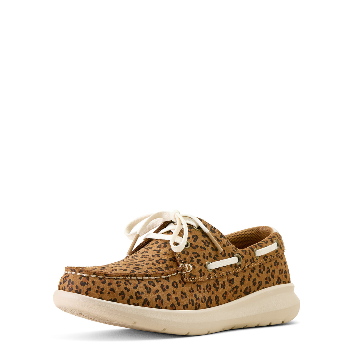 Brown leopard print shoe with white laces on a white background