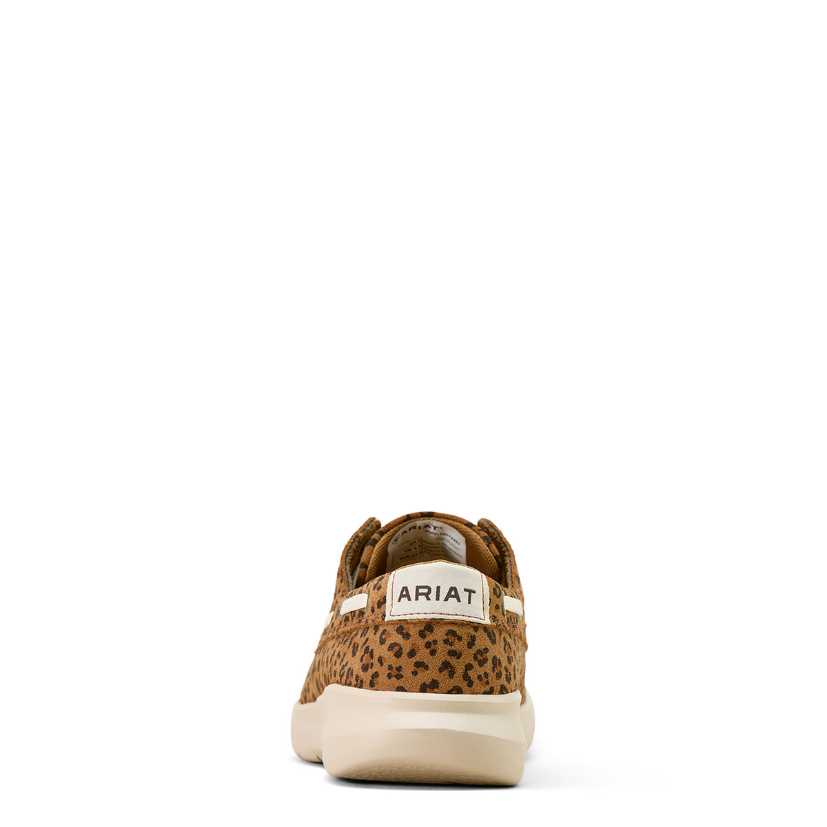 Brown leopard print sneaker with 'Ariat' logo on a white background