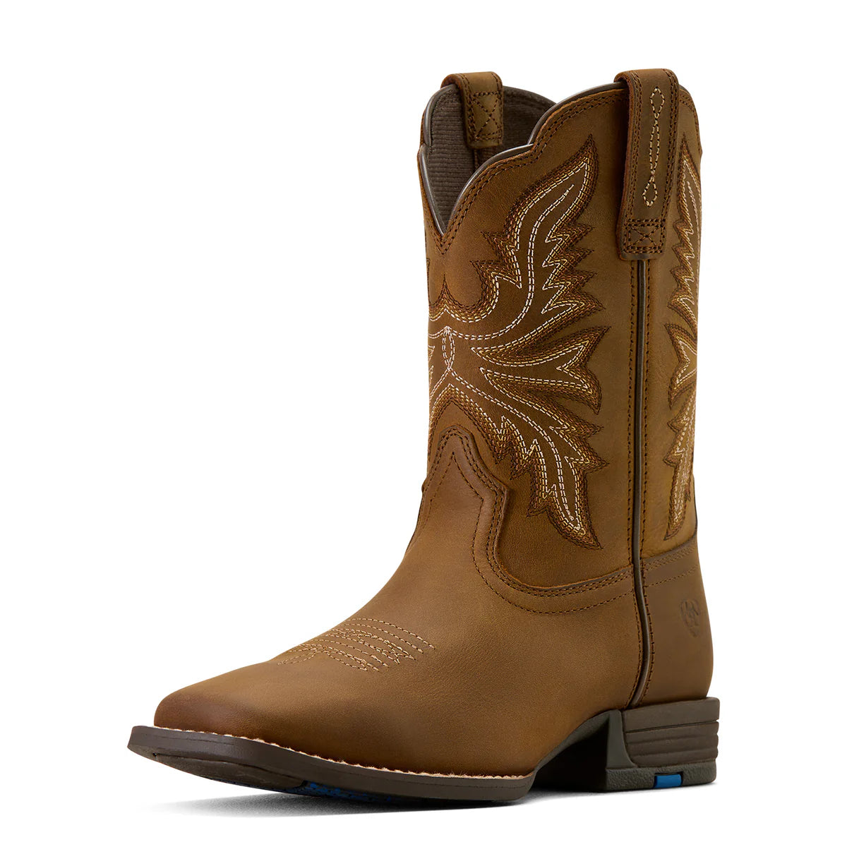 Brown cowboy boot with intricate stitching on a white background