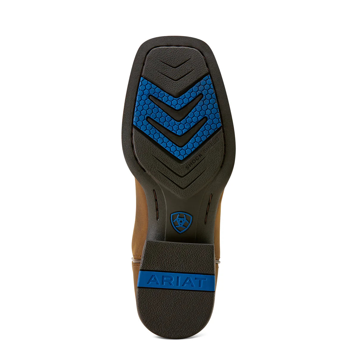 Close-up of a shoe sole with blue and black design on a white background