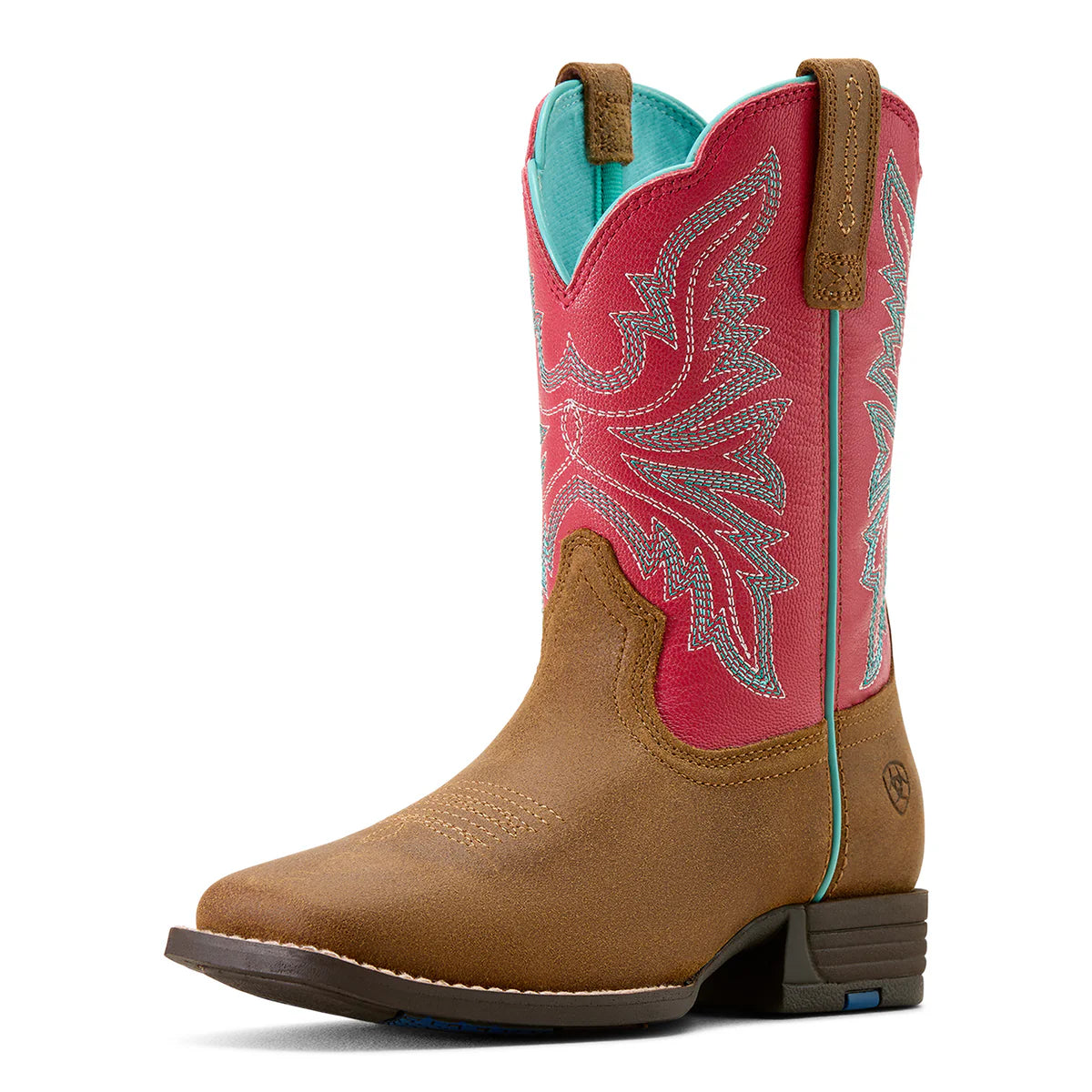Brown and pink cowboy boot with turquoise accents on a white background