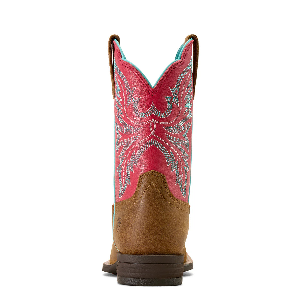 Brown and pink cowboy boot with intricate design on a white background