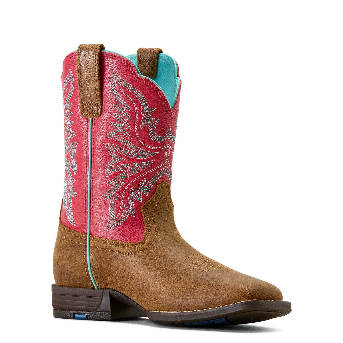 Pink and brown cowboy boot with intricate design on a white background