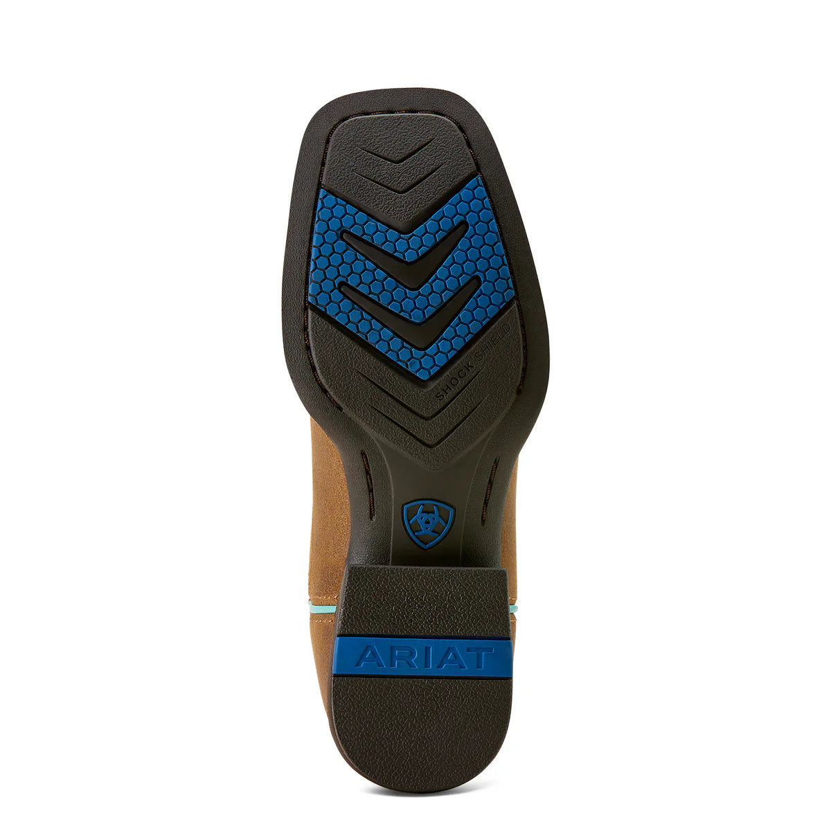 Close-up of a boot sole with blue and black design on a white background