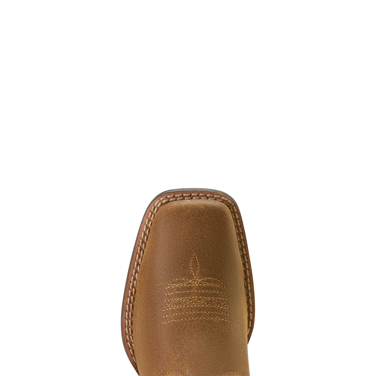 Close-up of a brown leather boot sole with stitching detail on a beige background