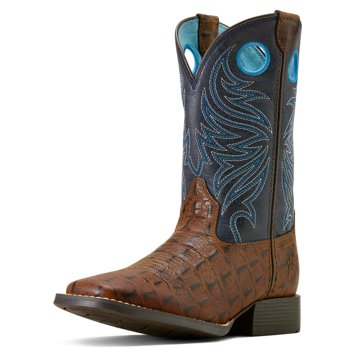 Brown cowboy boot with blue stitching on a white background