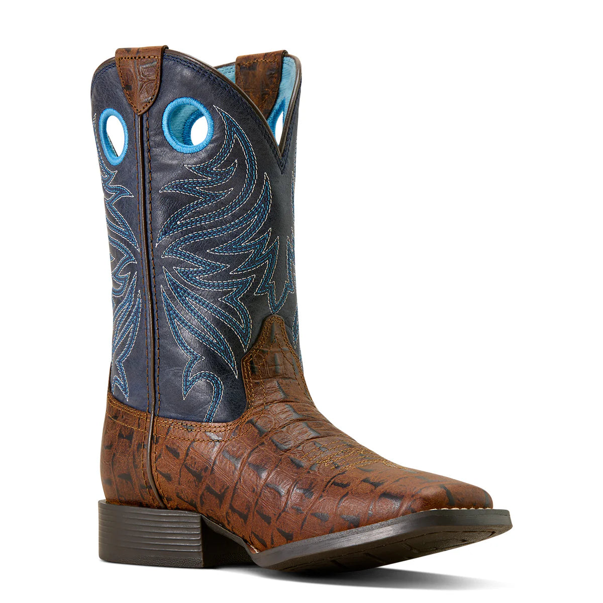 Brown and blue cowboy boot with intricate stitching on a white background