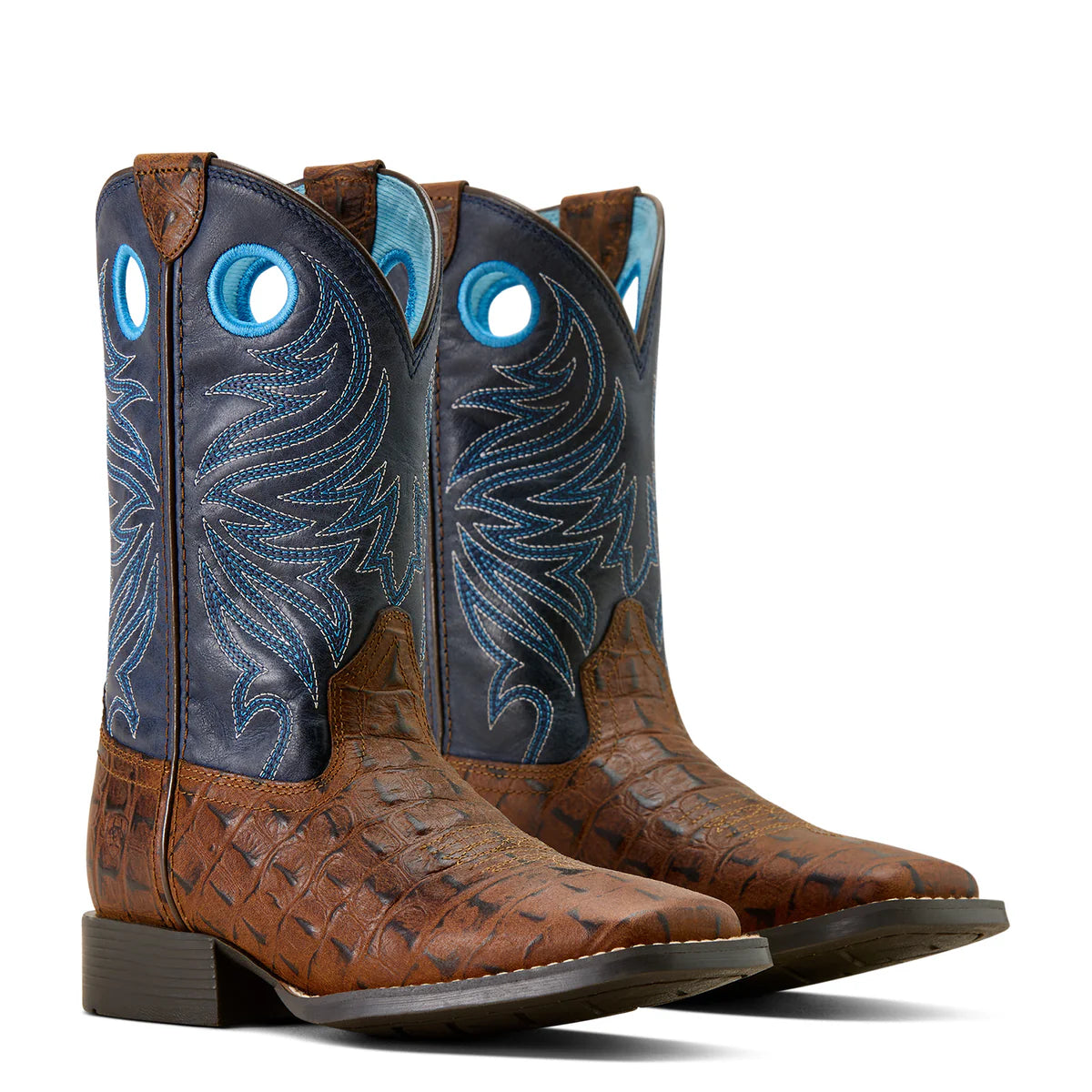 Pair of brown and blue cowboy boots on a light background