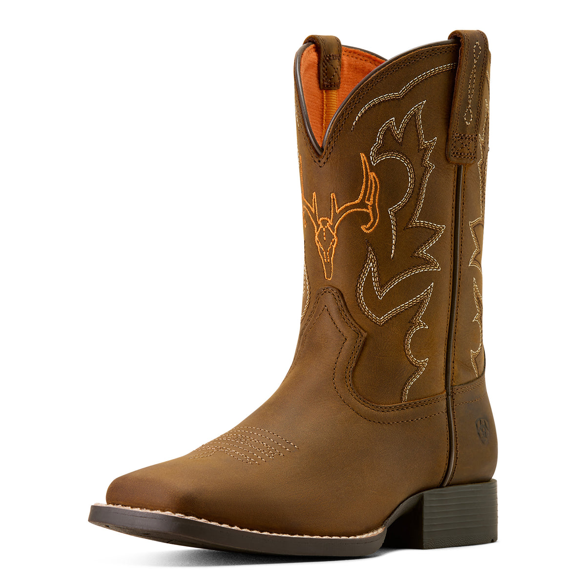 Ariat Kid's Deer Ridge Wide Square Toe Western Boot. Brown cowboy boot with decorative stitching on a white background