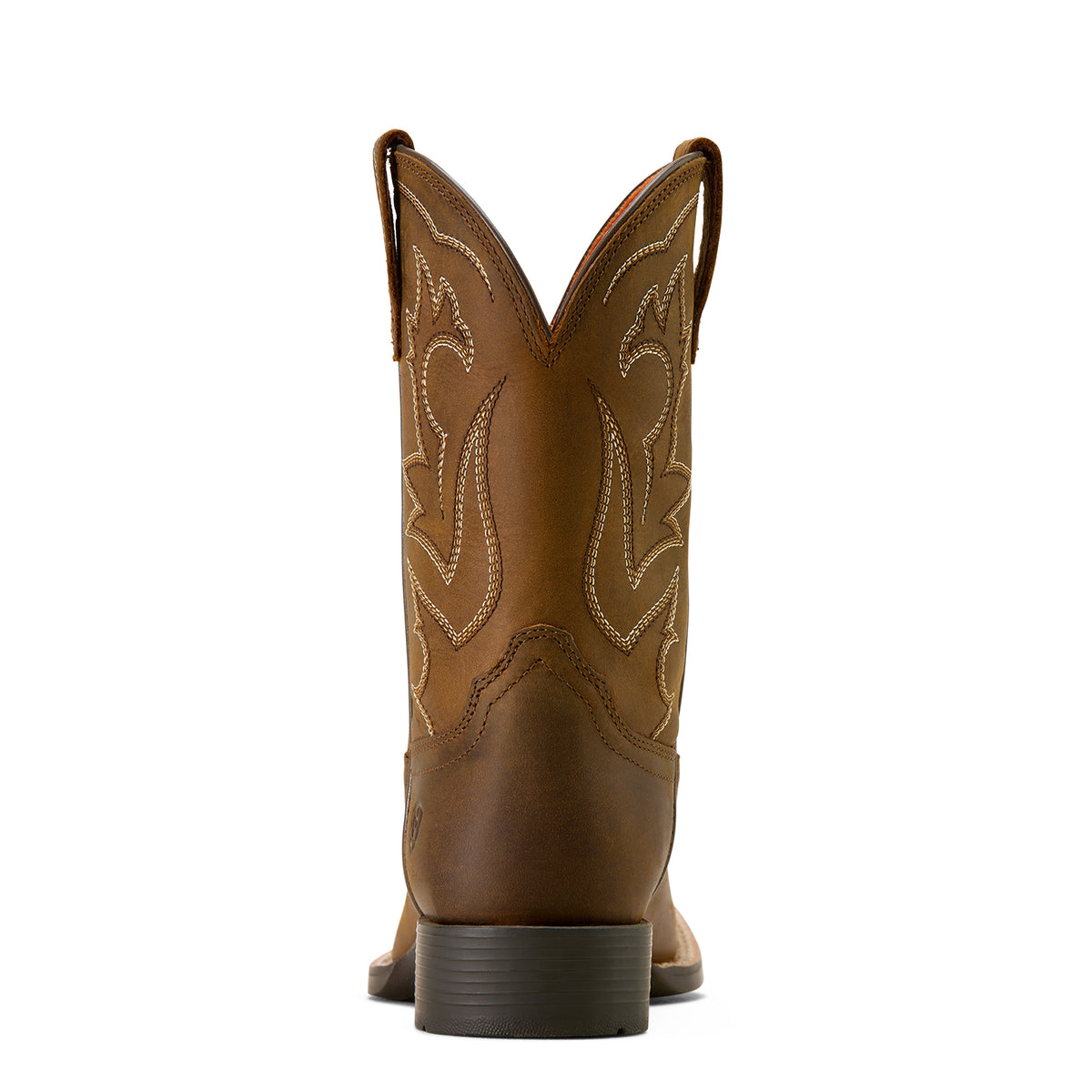 Brown cowboy boot with intricate stitching on a white background