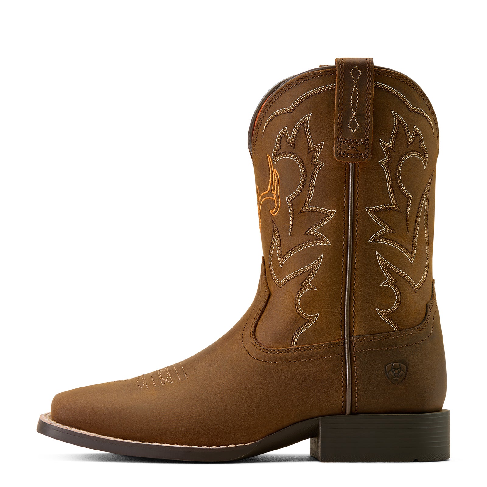 Ariat Kid's Deer Ridge Wide Square Toe Western Boot. Brown cowboy boot with decorative stitching on a white background