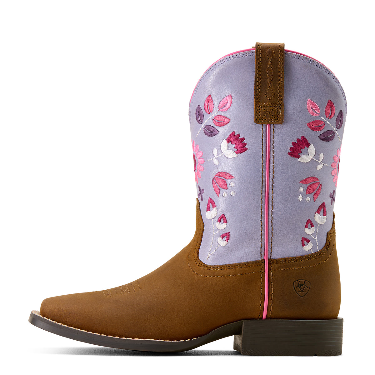 Brown cowboy boot with floral patterns on a light purple background