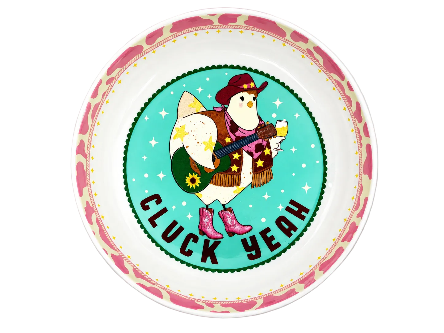 A white ceramic plate with a colorful western-themed illustration of a chicken playing a guitar and the text 'CLUCK YEAH' on a light gray background.