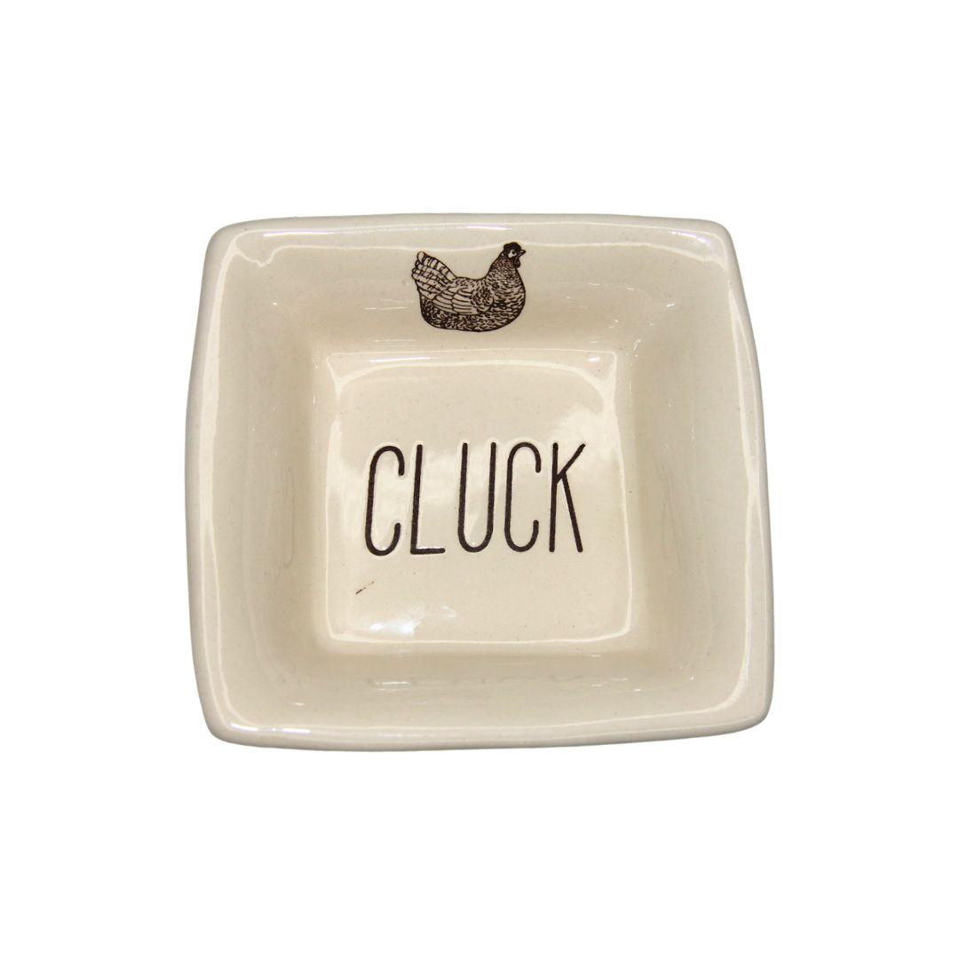 Cluck Ceramic Square Dish. Ceramic trinket dish with 'CLUCK' and chicken design on a white background