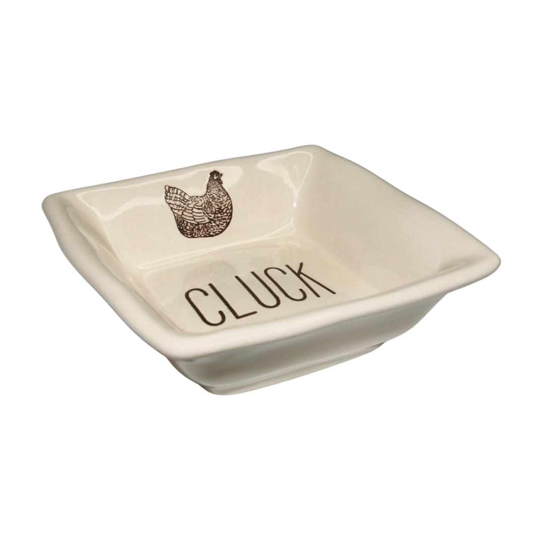Cluck Ceramic Square Dish. Square ceramic dish with chicken illustration and 'CLUCK' text on a white background