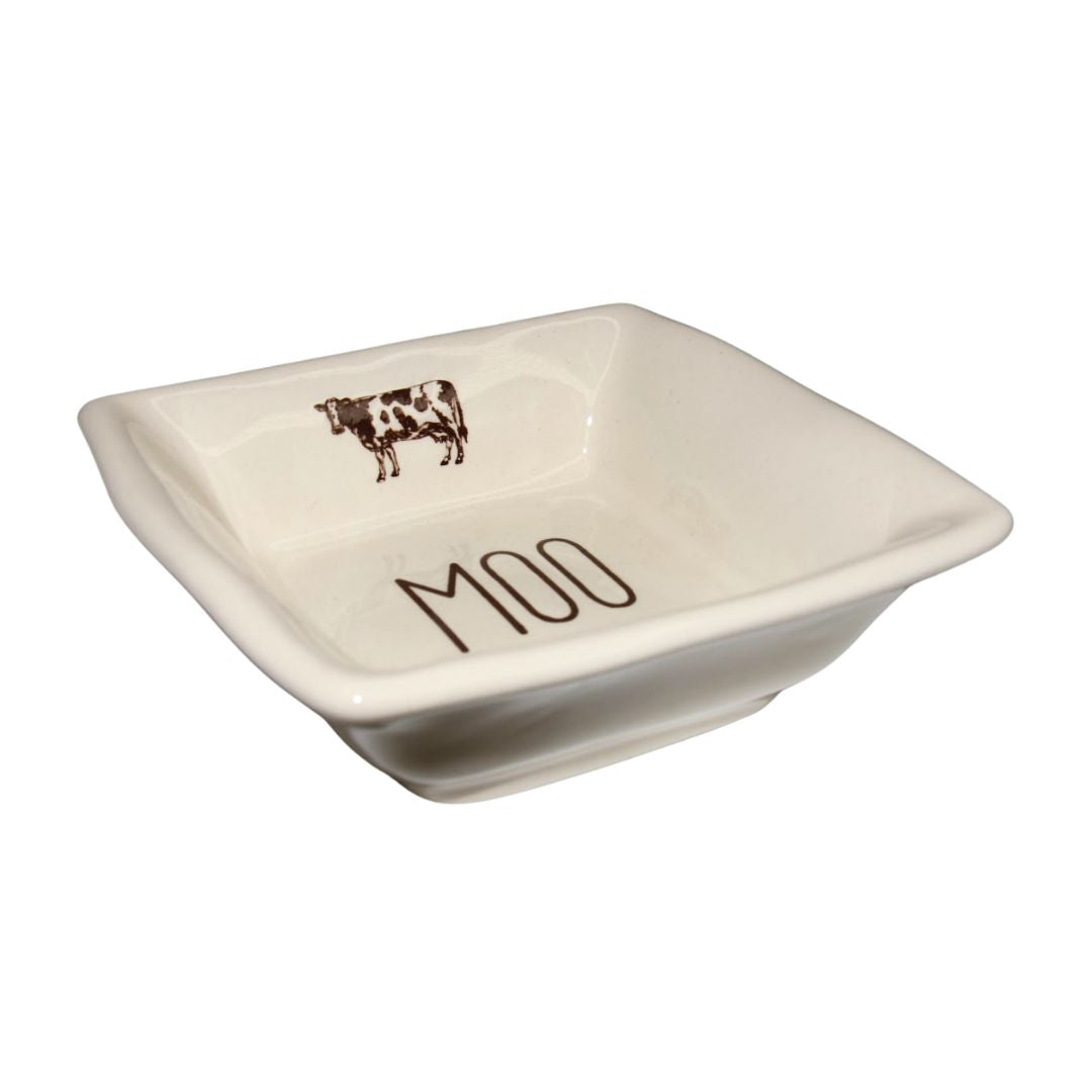 Moo Ceramic Sqaure Dish. White ceramic dish with 'MOO' and cow illustration on a white background