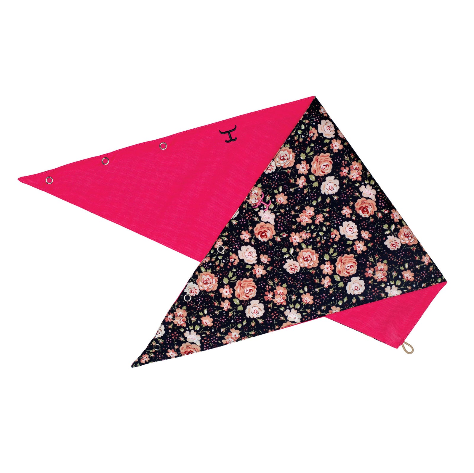 Just Country Carlee Double Sided Scarf. Floral-patterned triangle flag with pink interior on a white background