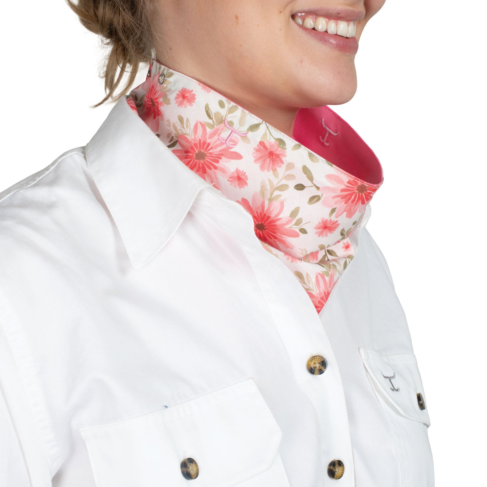 Just Country Carlee Double Sided Scarf. Floral patterned dog bandana with pink border on a white background