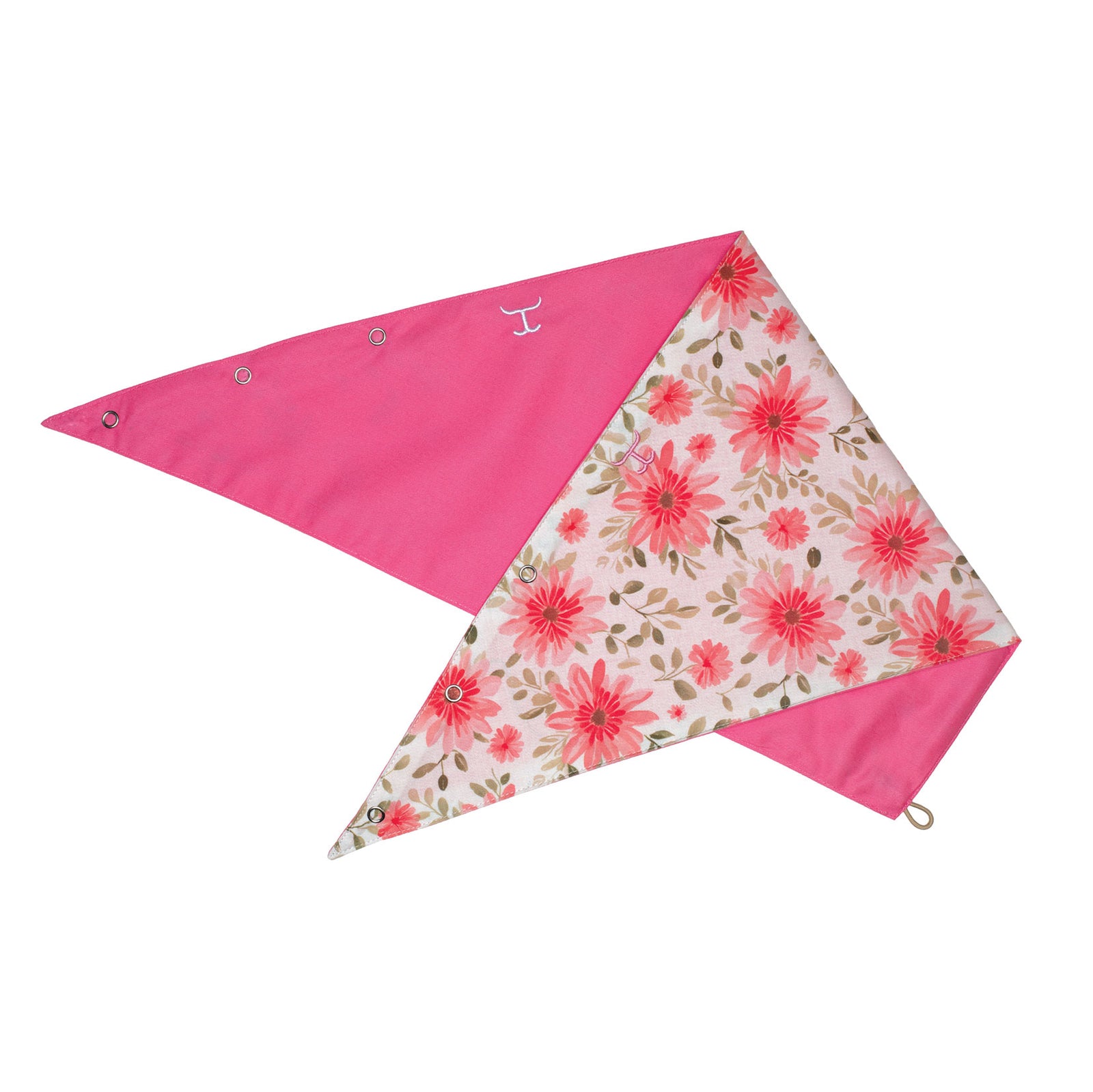 Just Country Carlee Double Sided Scarf. Floral patterned dog bandana with pink border on a white background