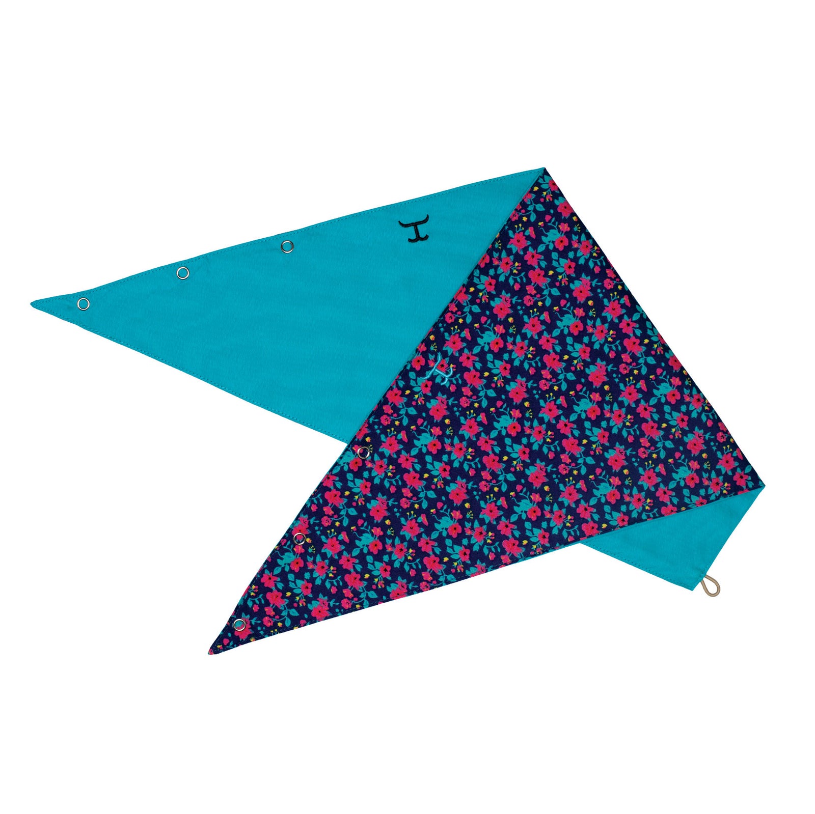 Just Country Carlee Double Sided Scarf. Floral-patterned fabric triangle with turquoise border on a white background