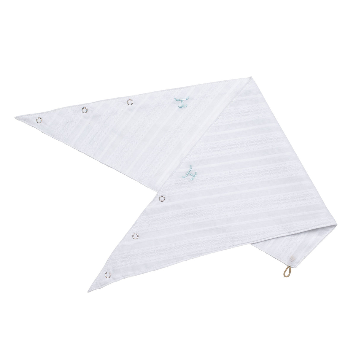 Two white triangle-shaped baby bibs with buttons on a white background