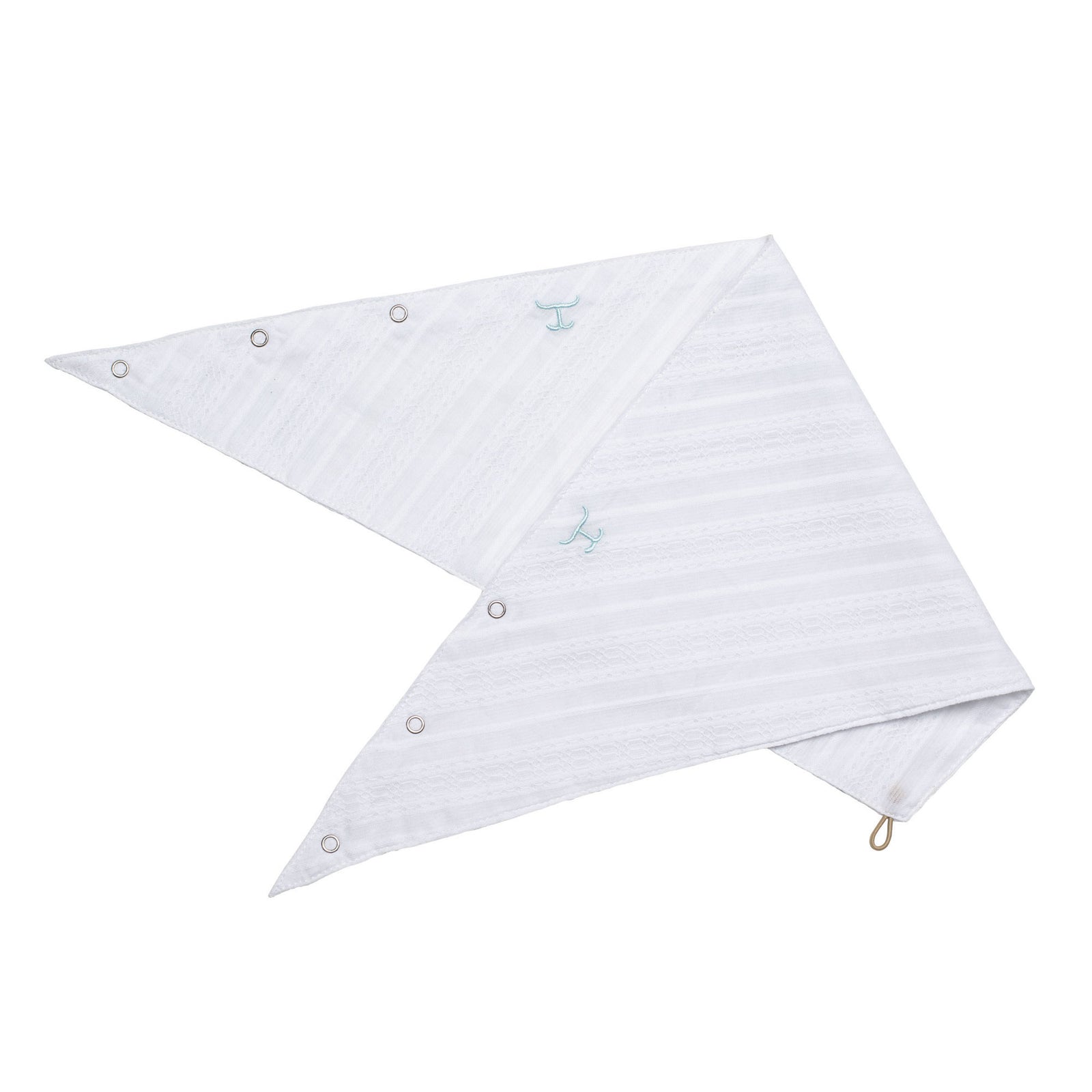 Two white triangle-shaped baby bibs with buttons on a white background