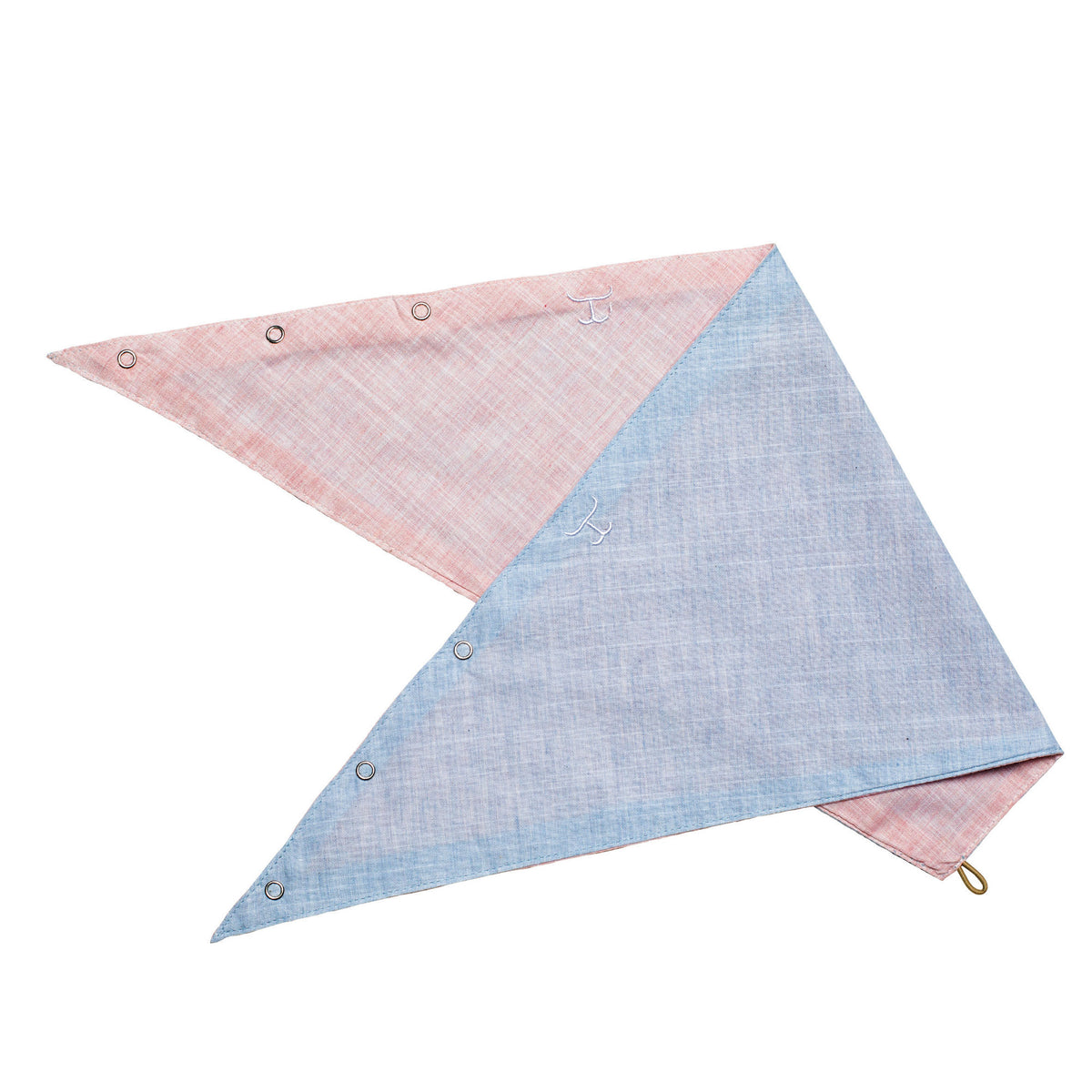 Triangular fabric sunshade with pink and blue pattern on a white background