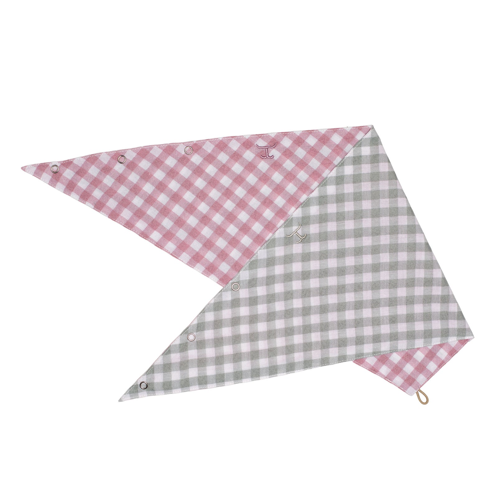 Two checkered triangle flags, one pink and white, the other gray and white, on a white background.