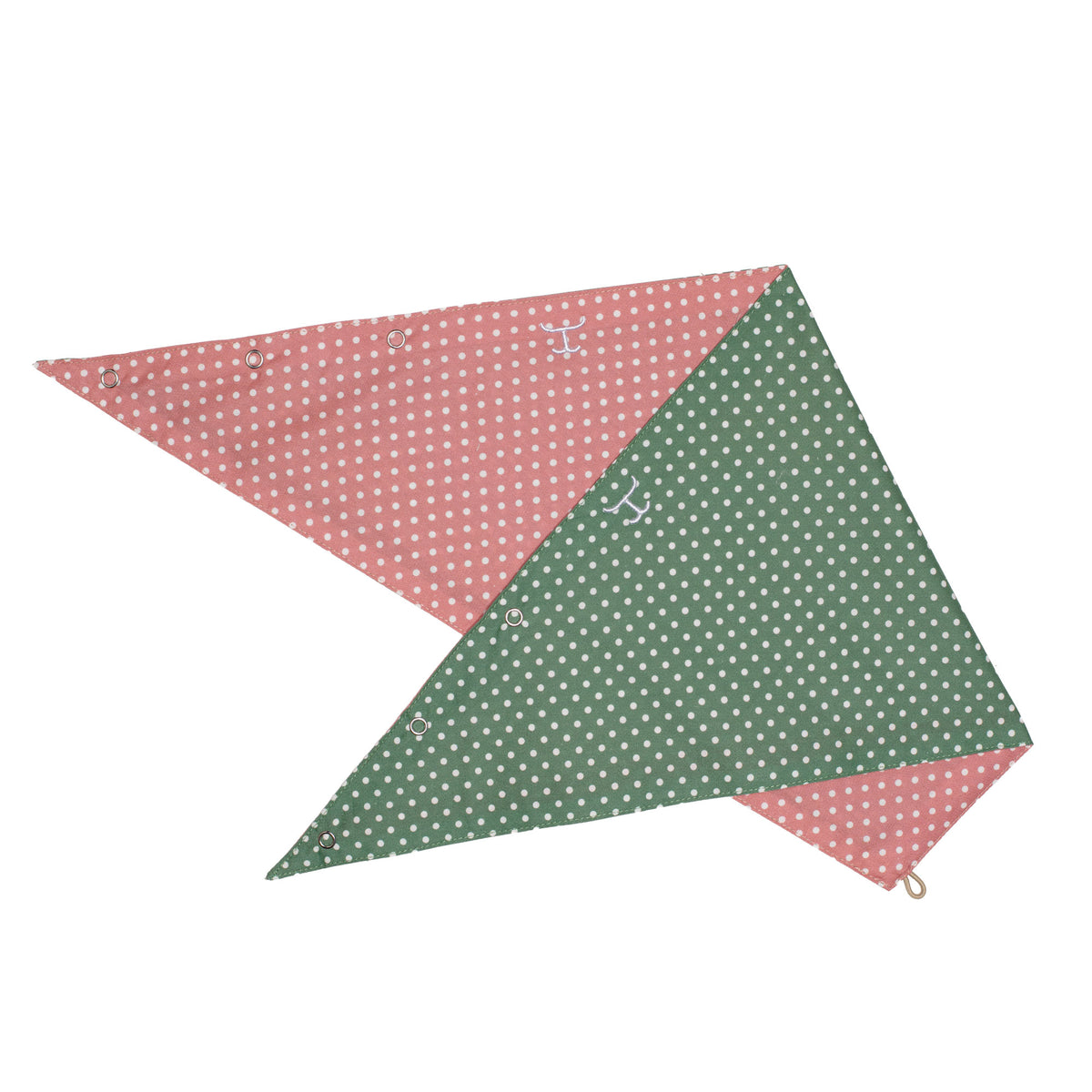 Two triangular fabric panels with pink and green polka dot patterns on a white background.