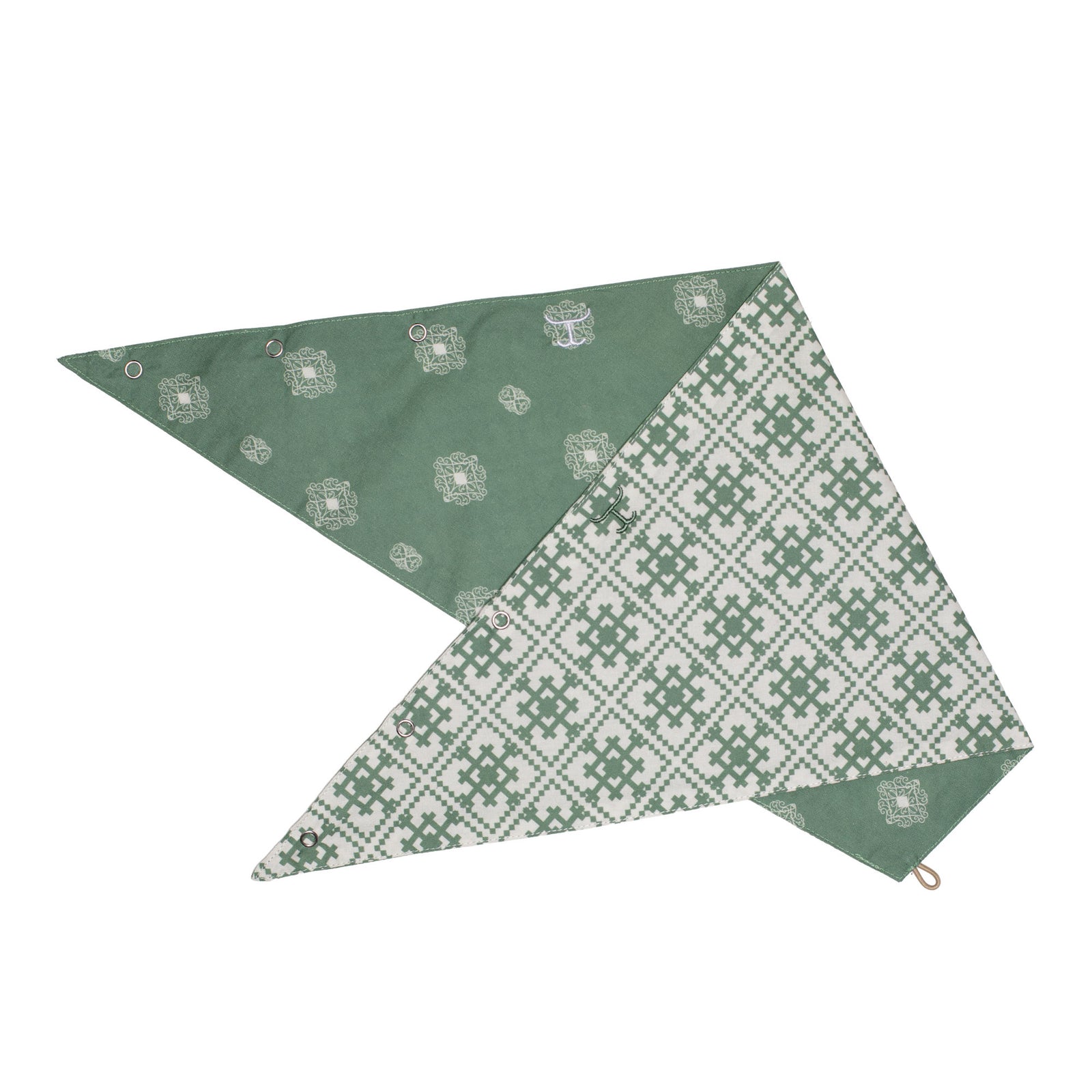 Two green patterned bandanas on a white background