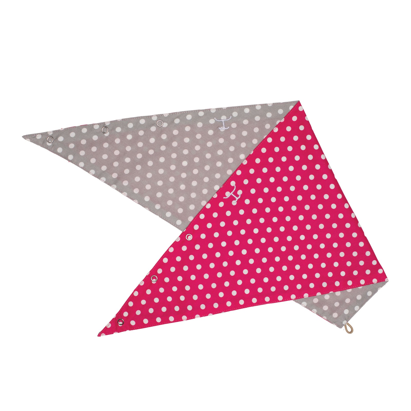 Two triangular bandanas with polka dot patterns on a white background
