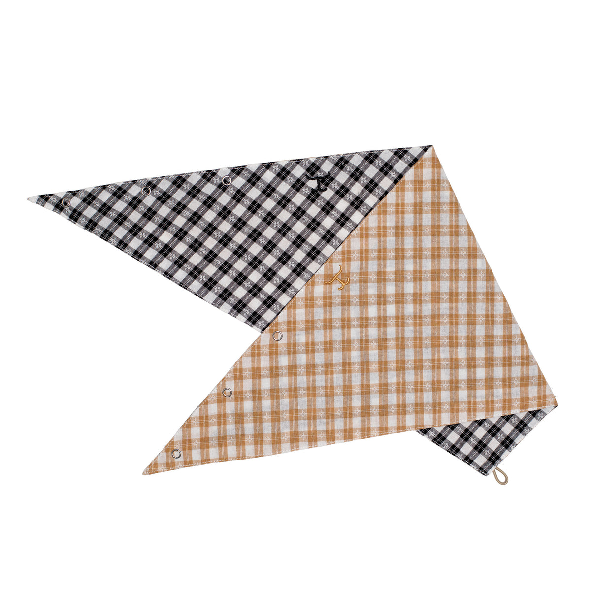 Two checkered triangle bandanas, one black and white, one brown and white, on a white background.