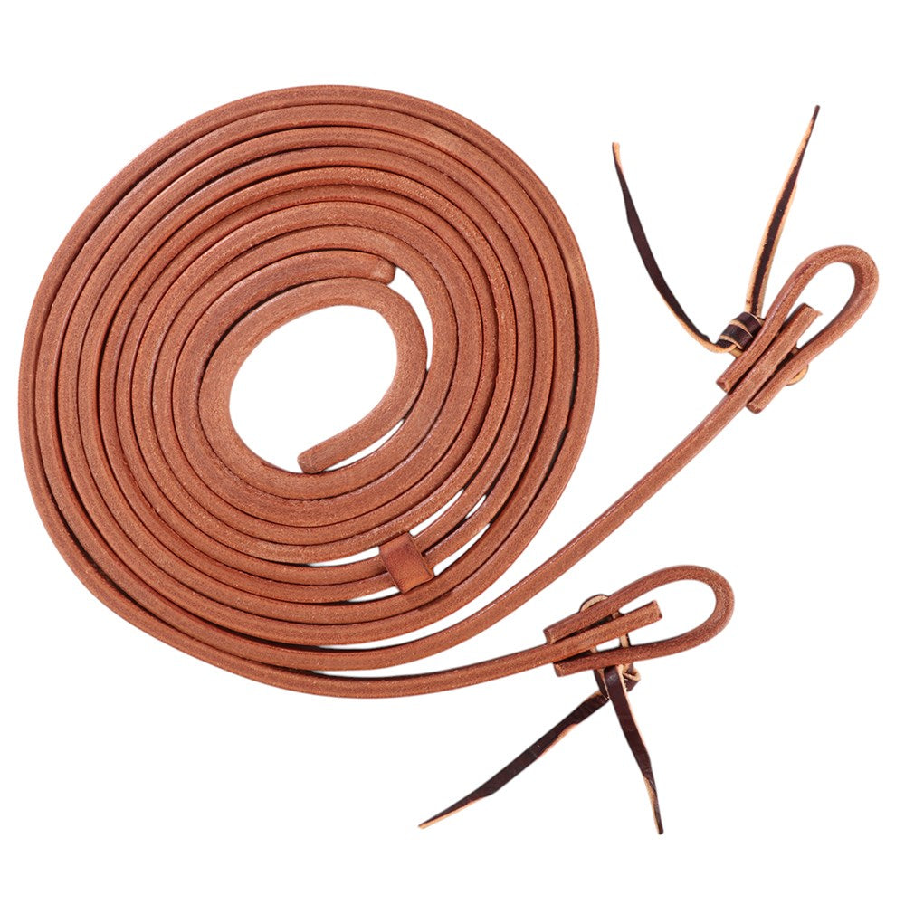 Professional's Choice Harness Leather Split Reins. Brown leather strap with a clasp on a white background
