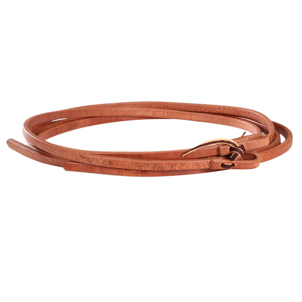 Professional's Choice Harness Leather Split Reins. Brown leather strap with a clasp on a white background
