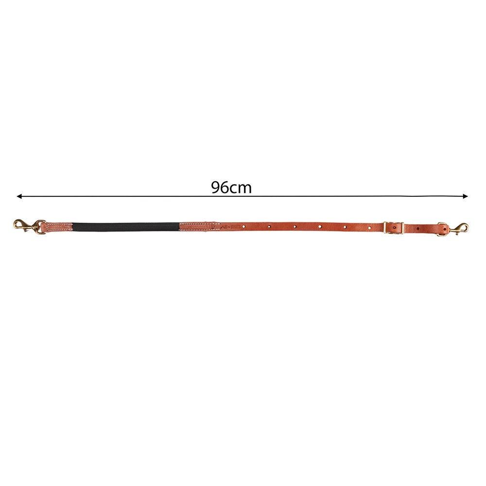 A 96cm leather strap with a black and tan color-blocked design and gold-toned metal hardware, shown with a dimension line indicating its length on a white background.