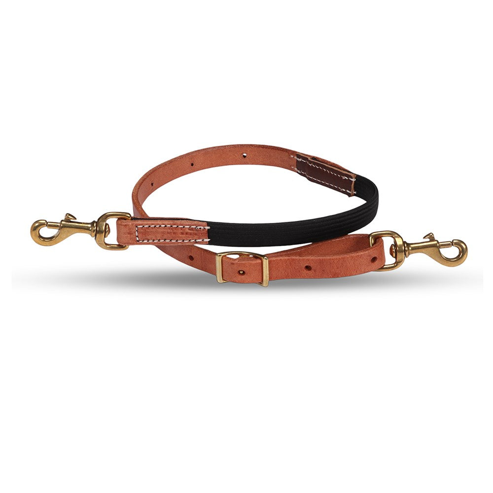 A brown leather dog halter with a black padded neck strap and gold-tone metal hardware, including two snap hooks and a buckle, displayed on a clean white background.