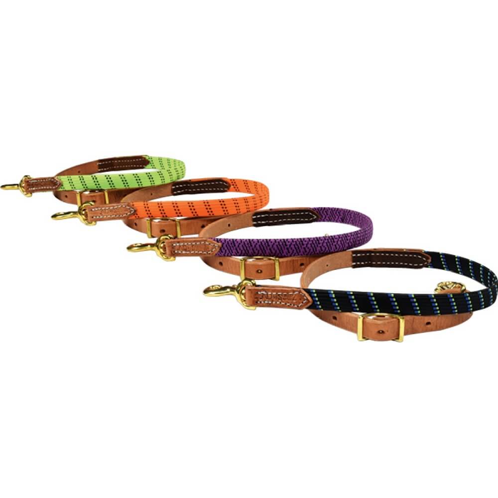 AD Ultimate 3/4" Wide Tiedowns. A collection of leather tiedowns with brass hardware in various colors including black, brown, green, orange, purple, and blue.