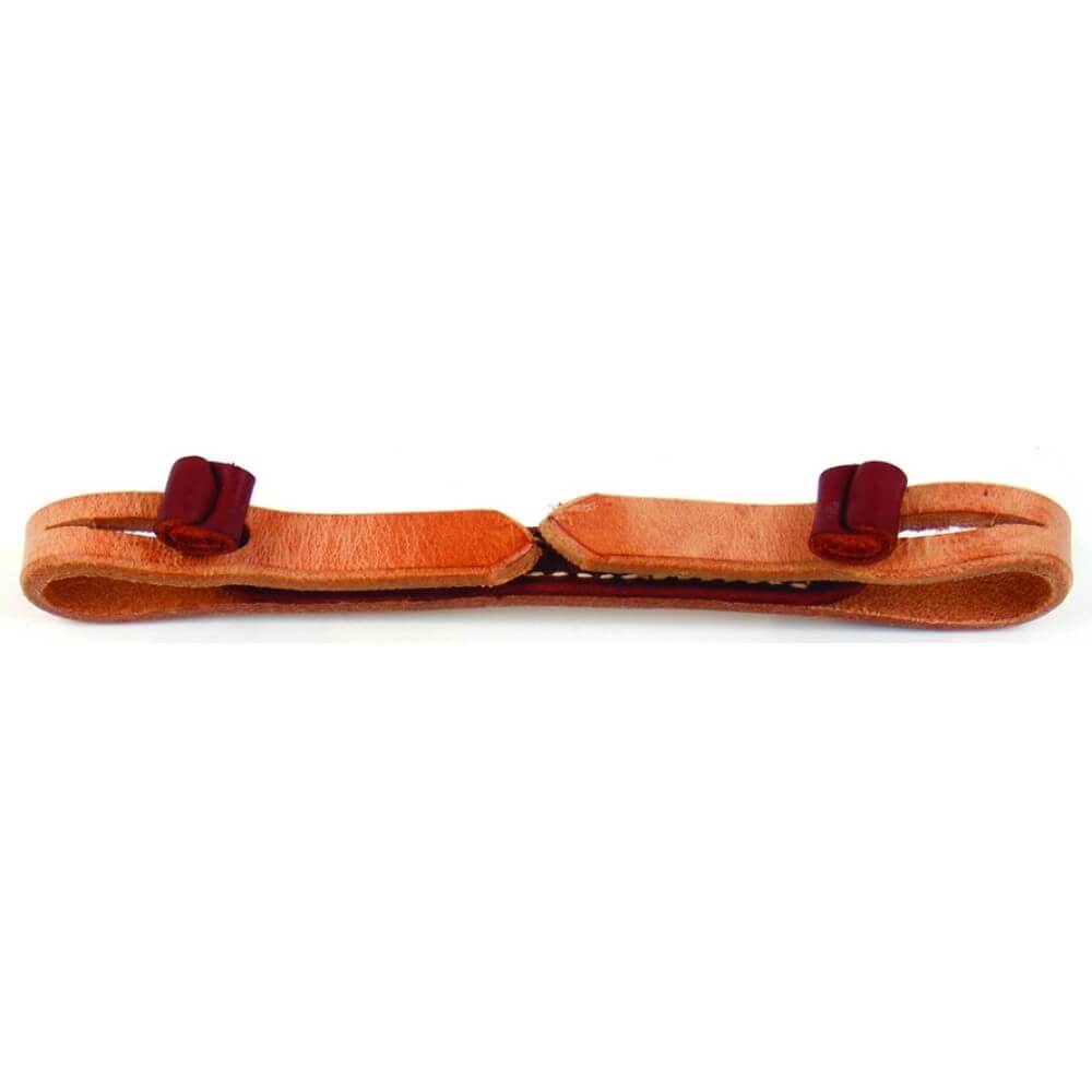 Professional's Choice AD Double Knot Bit Hobble Burgundy Latigo. A brown leather double knot curb strap with red latigo fasteners, part of the Al Dunning Collection by Professional's Choice.