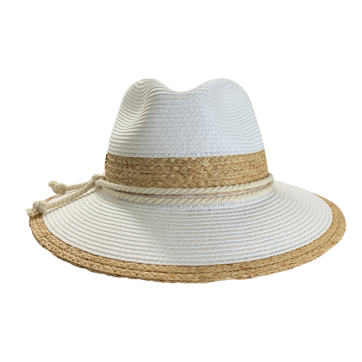 A white woven sun hat with a natural beige braided band and matching braided trim along the brim, featuring a rope tie on the side, shown against a plain white background.