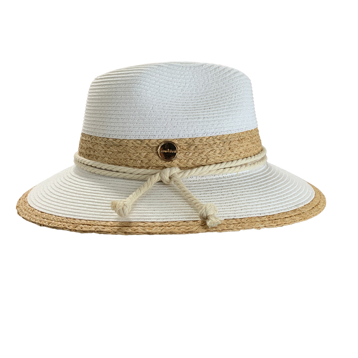A white woven sun hat with a natural beige jute band, a rope tie detail, and a small round black button with gold lettering, shown against a plain white background.
