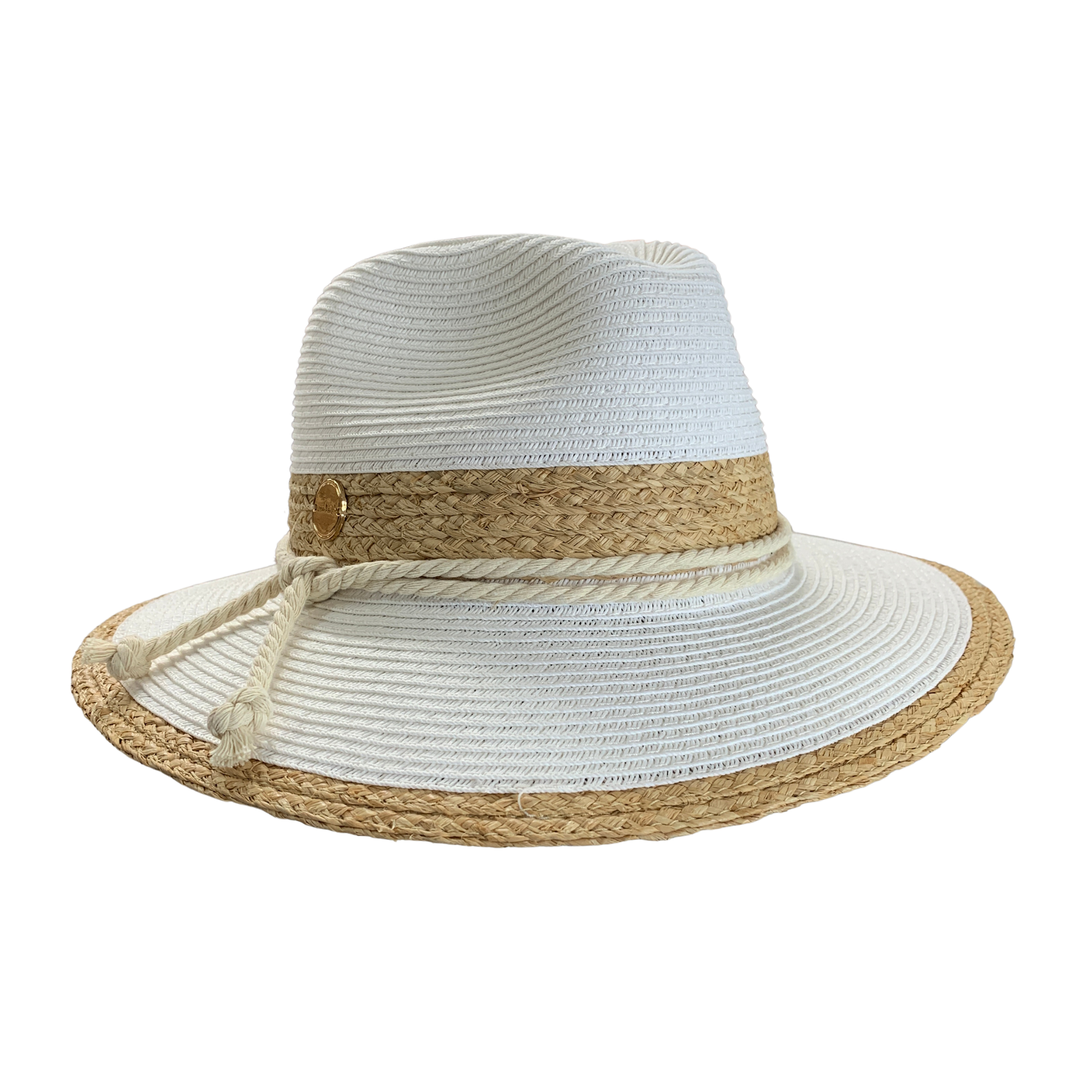 A white woven sun hat with a natural beige straw band and trim, featuring a white rope tie detail on the side, shown against a plain white background.