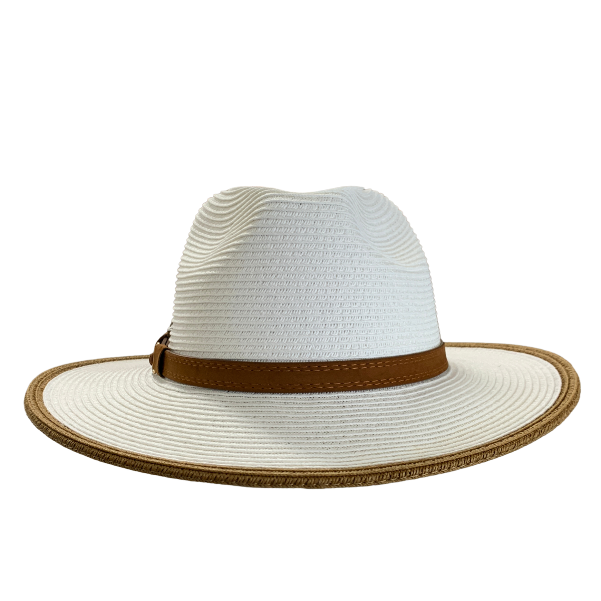 A white woven straw fedora hat with a brown leather band and a brown braided trim along the brim's edge, shown against a plain white background.