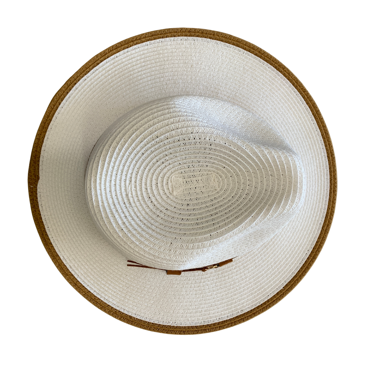 A top-down view of a white woven straw hat with a natural brown braided trim around the brim edge, set against a plain white background.